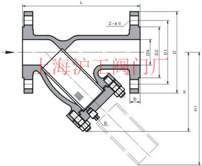 GL41H 型 PN10~PN16 法兰连接铁制Y型过滤器主要外形及结构尺寸示意图